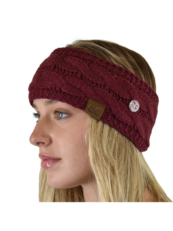 Soft Stretch Cable Knit Side Epoxy Button for Mask Fuzzy Lined Ear Warmer Headband, Maroon