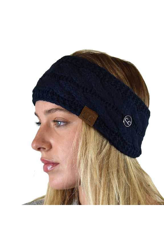 Soft Stretch Cable Knit Side Epoxy Button for Mask Fuzzy Lined Ear Warmer Headband, Navy
