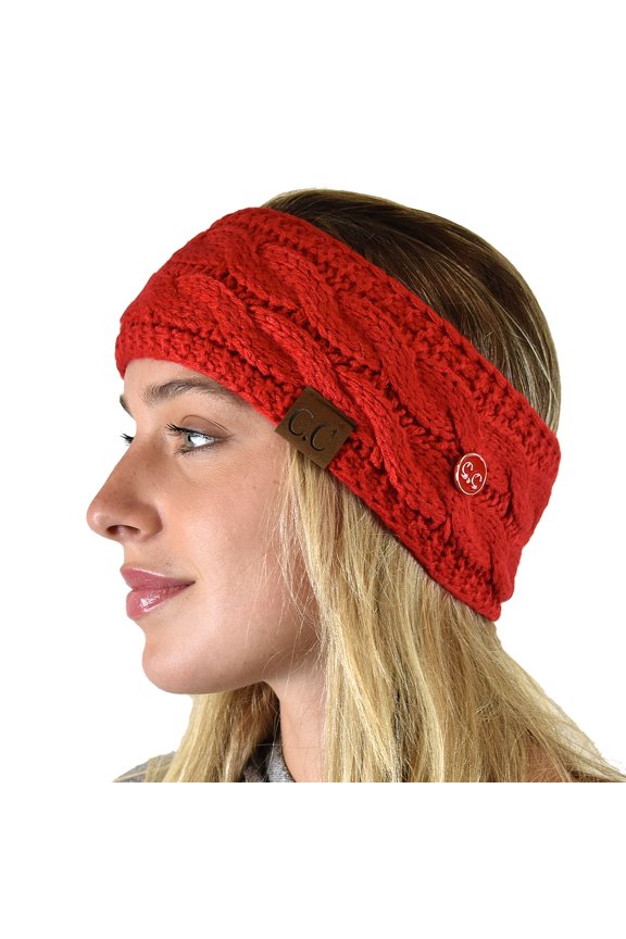 Soft Stretch Cable Knit Side Epoxy Button for Mask Fuzzy Lined Ear Warmer Headband, Red