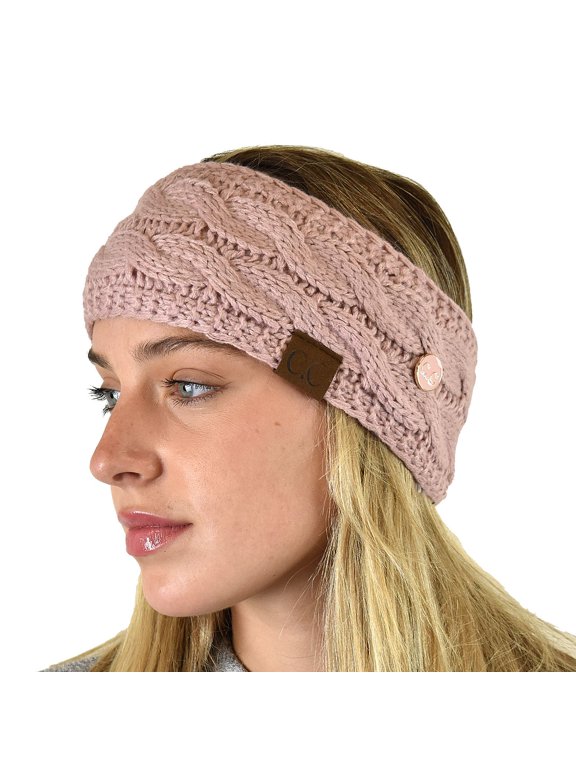 Soft Stretch Cable Knit Side Epoxy Button for Mask Fuzzy Lined Ear Warmer Headband, Rose
