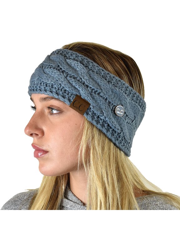 Soft Stretch Cable Knit Side Epoxy Button for Mask Fuzzy Lined Ear Warmer Headband, Steel Blue