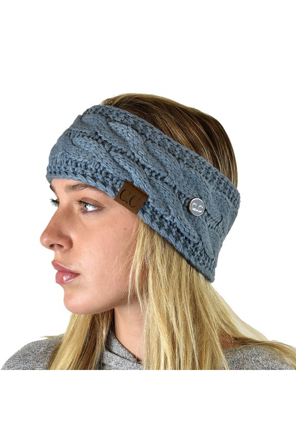 Soft Stretch Cable Knit Side Epoxy Button for Mask Fuzzy Lined Ear Warmer Headband, Steel Blue