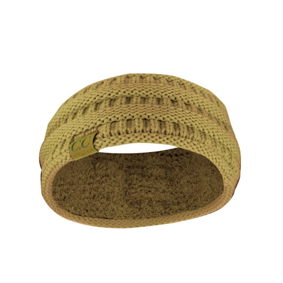 C.C Soft Stretch Winter Warm Cable Knit Fuzzy Lined Ear Warmer Headband, Camel Ribbed