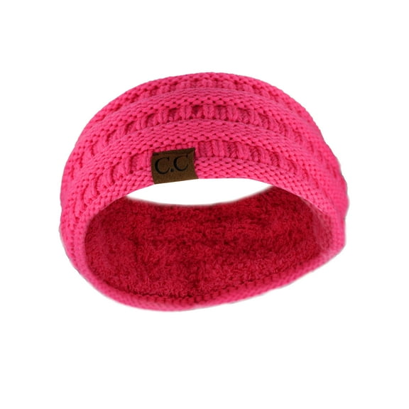 C.C Soft Stretch Winter Warm Cable Knit Fuzzy Lined Ear Warmer Headband, Candy Pink Ribbed