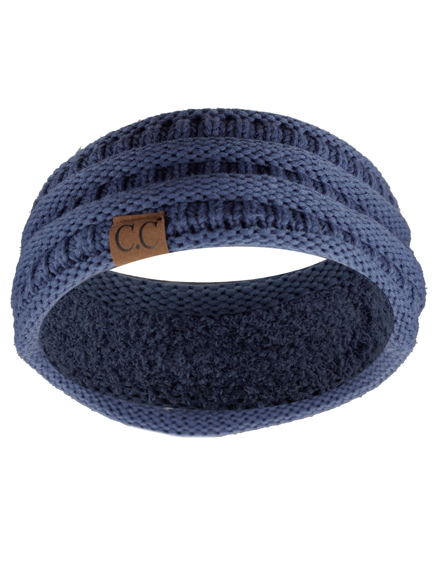 Navy Blue Knitted Headband Ear Warmer C.C Cable Knit Fuzzy Lined Ear Warmer Ponytail Pony Headband  main image 4