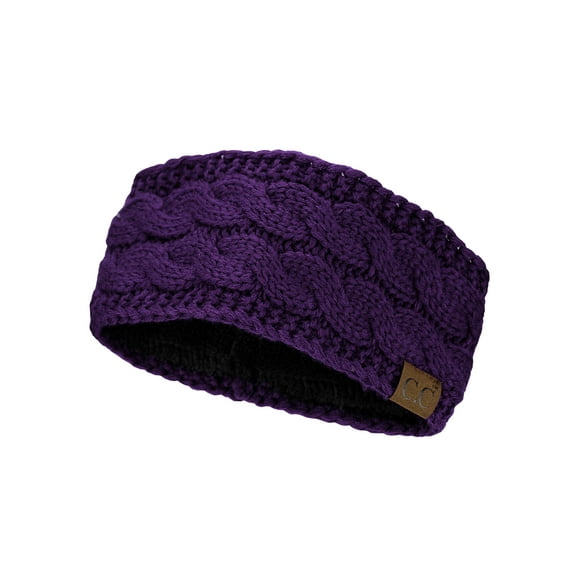 C.C Soft Stretch Winter Warm Cable Knit Fuzzy Lined Ear Warmer Headband, Dark Purple
