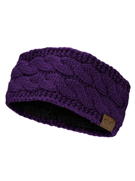 C.C Soft Stretch Winter Warm Cable Knit Fuzzy Lined Ear Warmer Headband, Dark Purple