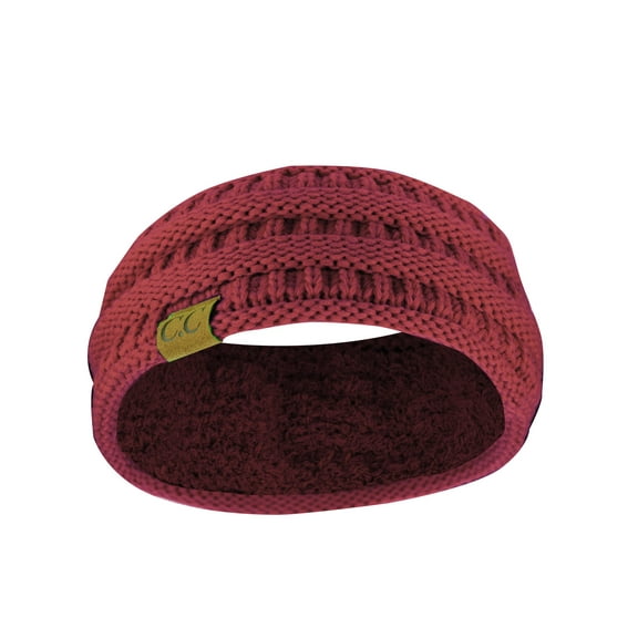 C.C Soft Stretch Winter Warm Cable Knit Fuzzy Lined Ear Warmer Headband, Maroon Ribbed