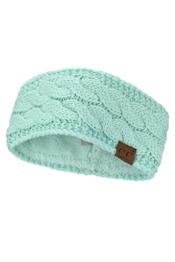 Soft Stretch Winter Warm Cable Knit Fuzzy Lined Ear Warmer Headband, Mint