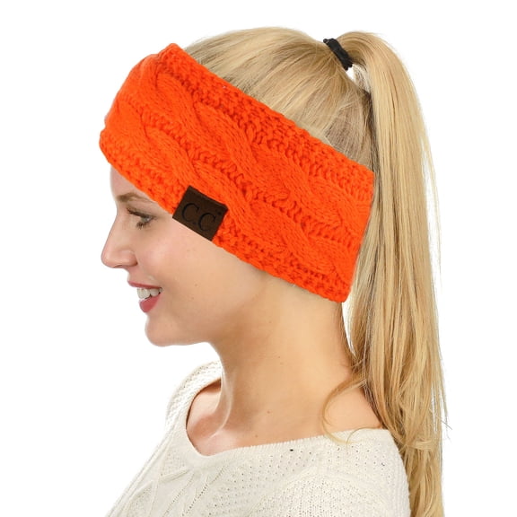 C.C Soft Stretch Winter Warm Cable Knit Fuzzy Lined Ear Warmer Headband, Neon Orange