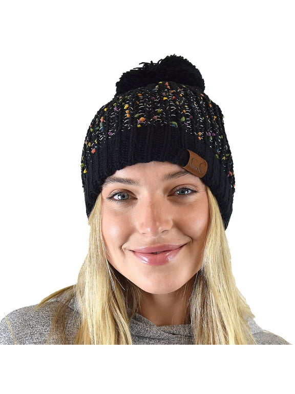 Soft Winter Warm Confetti Knit Chenille Pom Beanie Hat, Black
