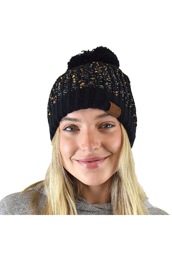 Soft Winter Warm Confetti Knit Chenille Pom Beanie Hat, Black