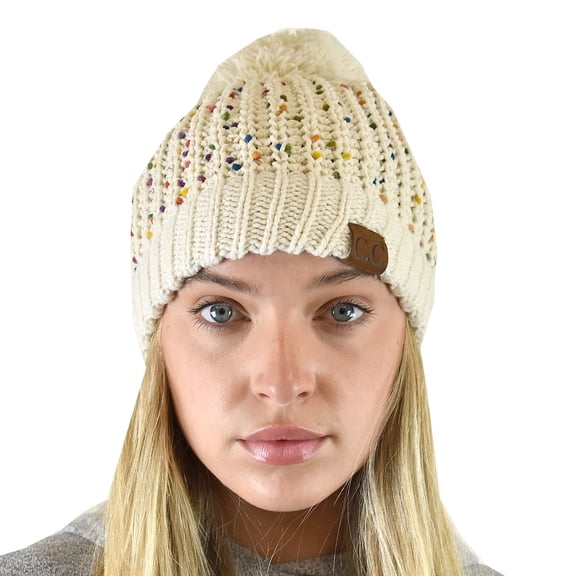 C.C Soft Winter Warm Confetti Knit Chenille Pom Beanie Hat, Oatmeal