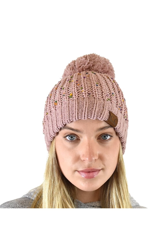 Soft Winter Warm Confetti Knit Chenille Pom Beanie Hat, Rose