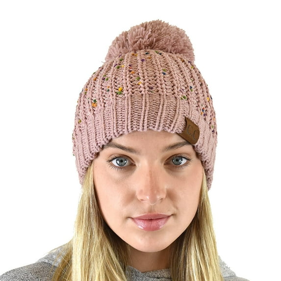 C.C Soft Winter Warm Confetti Knit Chenille Pom Beanie Hat, Rose