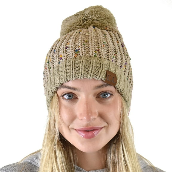 C.C Soft Winter Warm Confetti Knit Chenille Pom Beanie Hat, Taupe