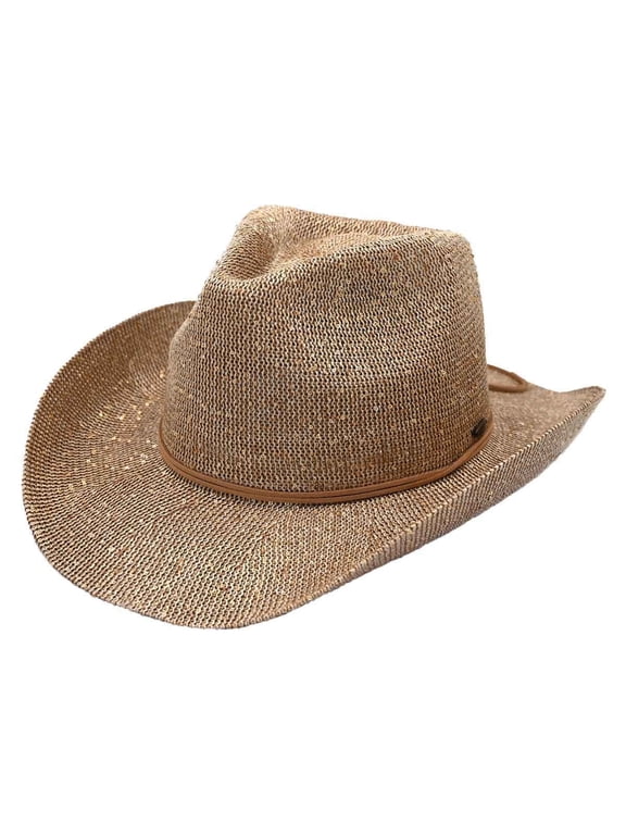 Sparkly Sequin Cowboy Hat with Suede String Trim, Beige