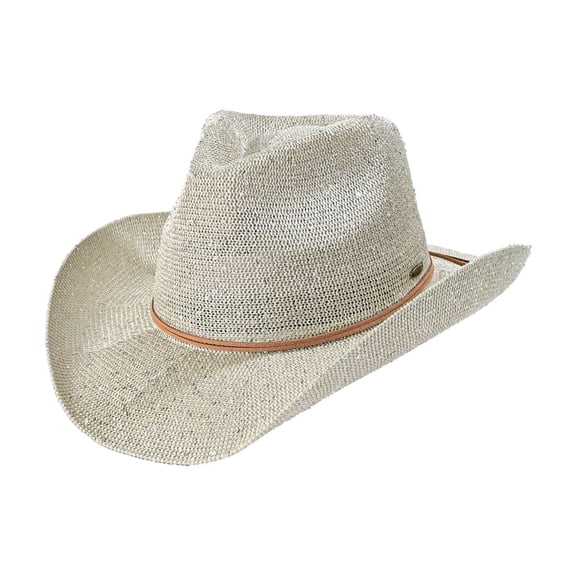 C.C Sparkly Sequin Cowboy Hat with Suede String Trim, Pearl