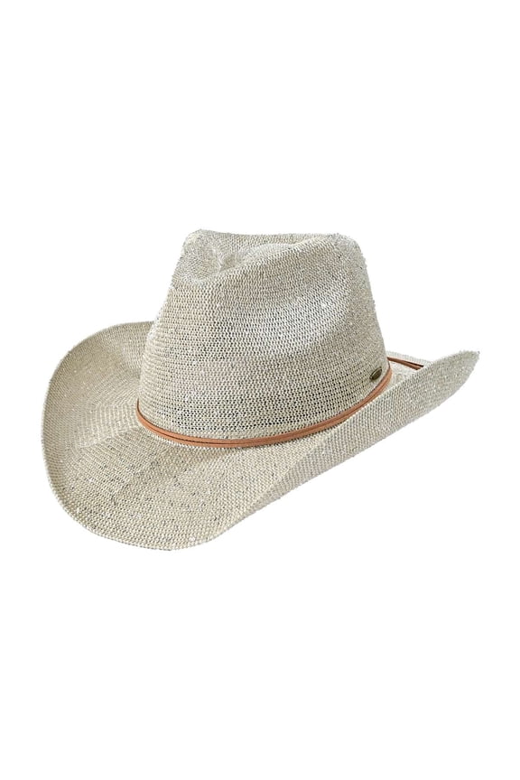 Sparkly Sequin Cowboy Hat with Suede String Trim, Pearl