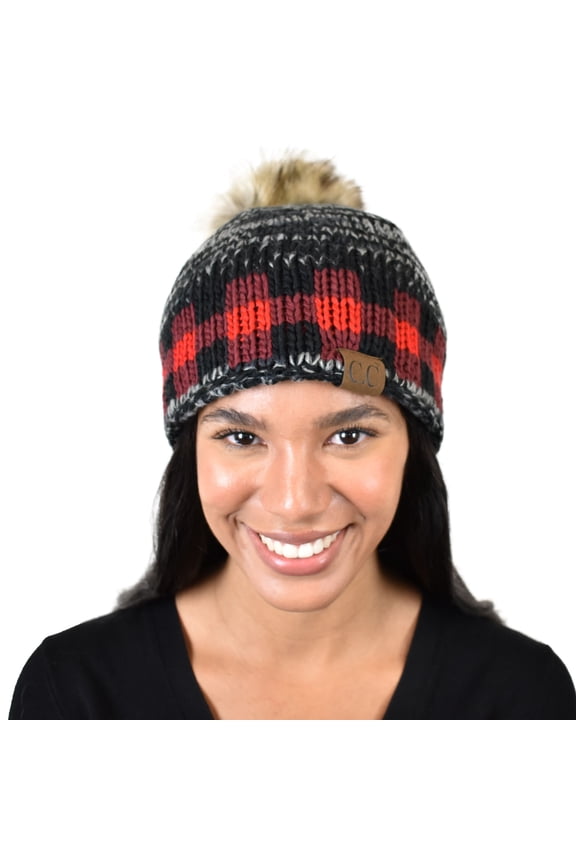 Stitched Plaid Faux Fur Pom Fleece Lined Skull Cap Beanie, Black/Red