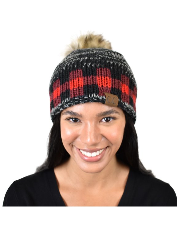 Stitched Plaid Faux Fur Pom Fleece Lined Skull Cap Beanie, Black/Red