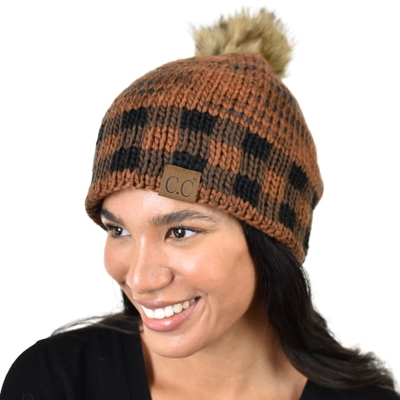 C.C Stitched Plaid Faux Fur Pom Fleece Lined Skull Cap Beanie, Cinnamon