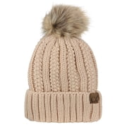 C.C Thick Cable Knit Faux Fuzzy Fur Pom Fleece Lined Skull Adult Cap Cuff Beanie, New Beige, Unisex, Adult