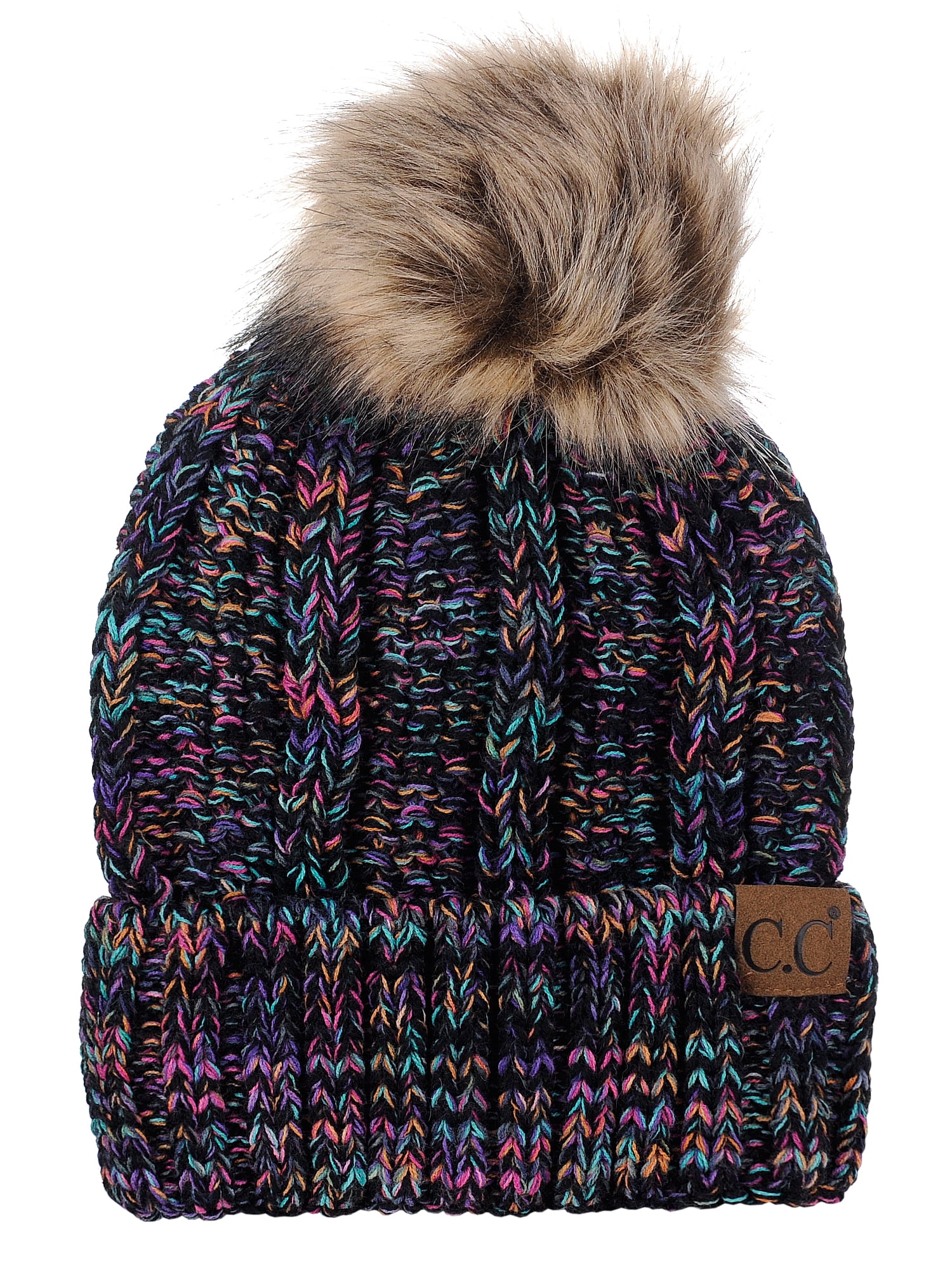 C.C Thick Cable Knit Faux Fuzzy Fur Pom Fleece Lined Skull  display picture 1