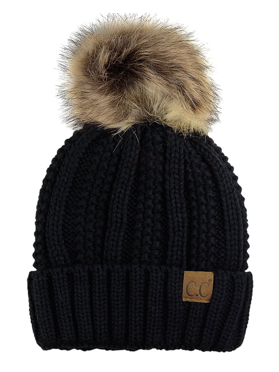 Thick Cable Knit Faux Fuzzy Fur Pom Fleece Lined Skull Cap Cuff Beanie, Black