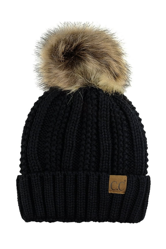 Thick Cable Knit Faux Fuzzy Fur Pom Fleece Lined Skull Cap Cuff Beanie, Black