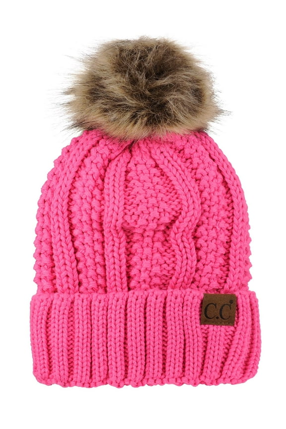 Thick Cable Knit Faux Fuzzy Fur Pom Fleece Lined Skull Cap Cuff Beanie, Candy Pink