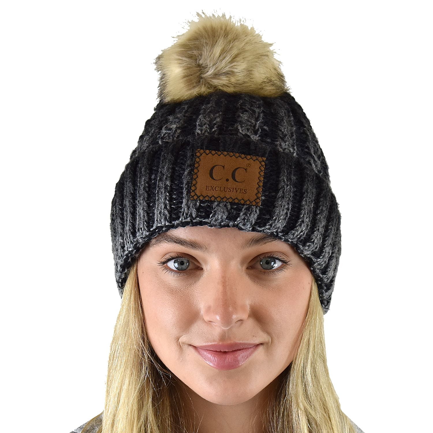 Confetti Cable Knit Pom Pom Beanie Stocking Cap Black Beanie with Pom Pom | Women main image 3
