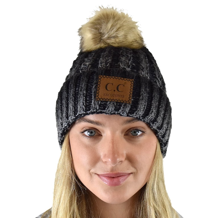 C.C Thick Cable Knit Faux Fuzzy Fur Pom Fleece Lined Skull  display picture 1