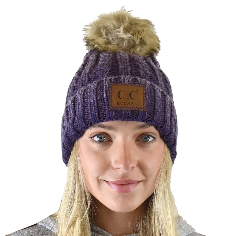 Women\'s Beanie Fleece Lined Light Purple Winter Skull Faux Fur Pom Cuff Hat Cap Fur Pom Pom Fleece Lined Beanie, Pom Pom Hat, Knit Beanie  main image 4