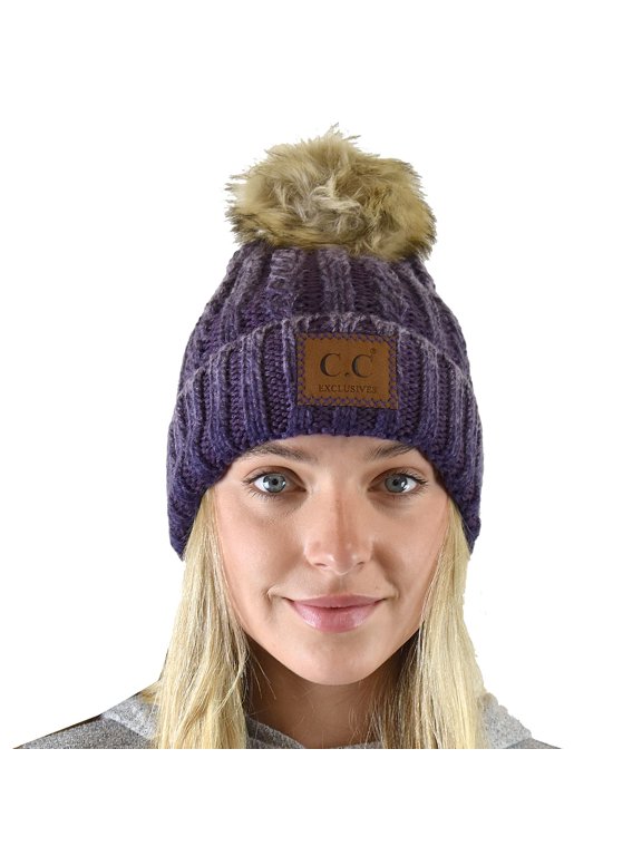 Thick Cable Knit Faux Fuzzy Fur Pom Fleece Lined Skull Cap Cuff Beanie, Center Patch Purple