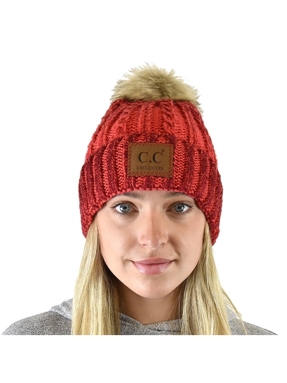 Thick Cable Knit Faux Fuzzy Fur Pom Fleece Lined Skull Cap Cuff Beanie, Center Patch Red