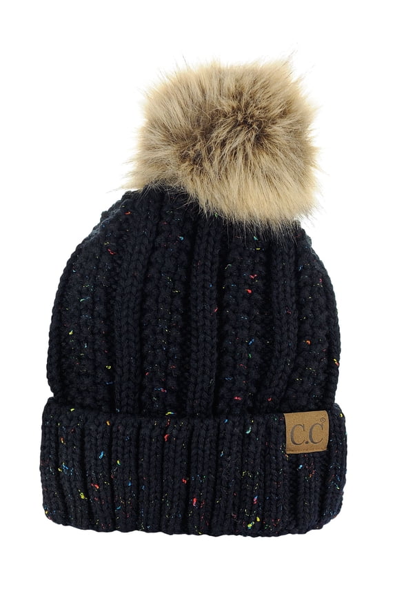 Thick Cable Knit Faux Fuzzy Fur Pom Fleece Lined Skull Cap Cuff Beanie, Confetti Black