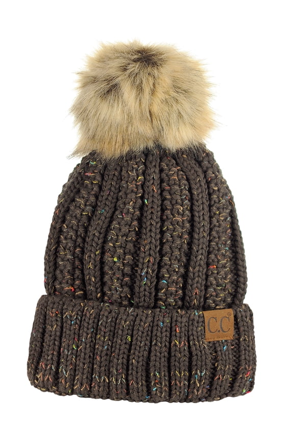 Thick Cable Knit Faux Fuzzy Fur Pom Fleece Lined Skull Cap Cuff Beanie, Confetti Brown