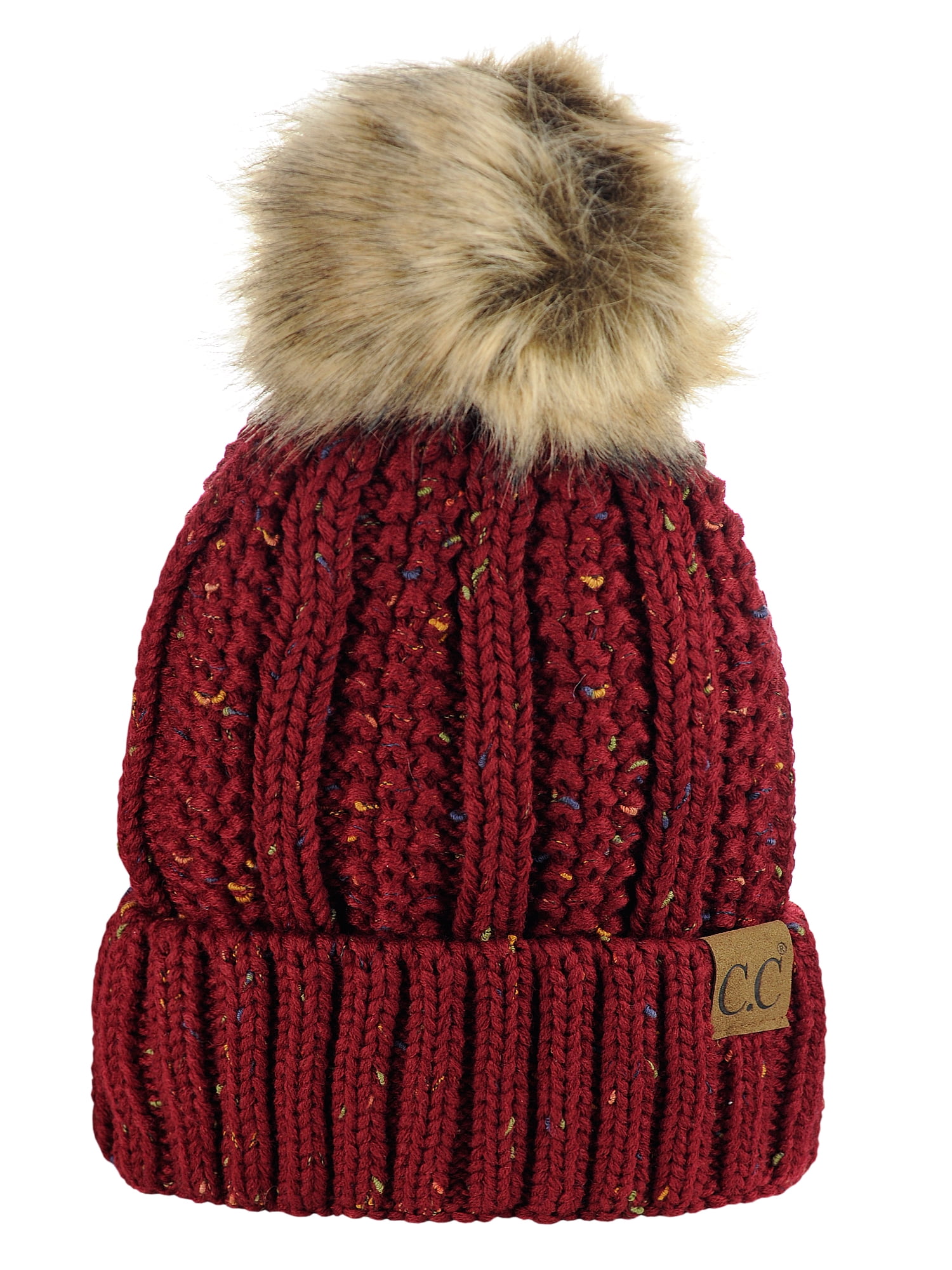 Thick Cable Knit Fleece Lined Skull Cap Beanie Faux Fur Pom Y2K Chic C.C YJ820 - Thick Cable Knit Hat Faux Fur Pom Pom Fleece  main image 2