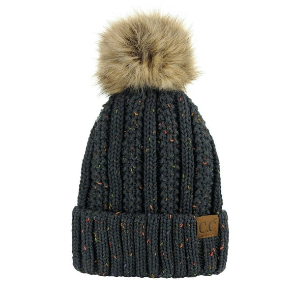 C.C Thick Cable Knit Faux Fuzzy Fur Pom Fleece Lined Skull Cap Cuff Beanie, Confetti Dark Melange Gray