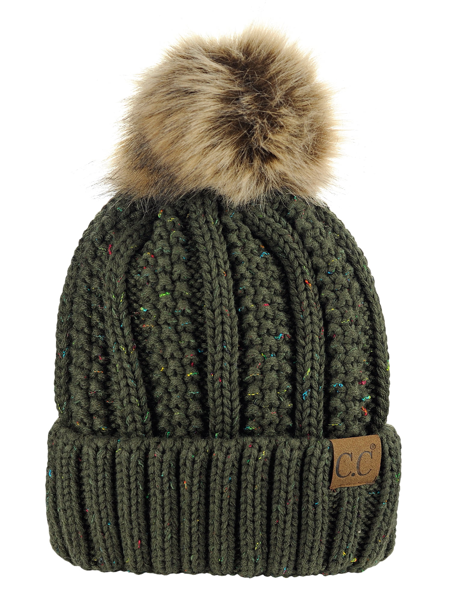 Women\'s Faux Fur Fleece Lined Olive Winter Thick Knit Pom Skull Beanie Hat Cap il_fullxfull.6379033715_28vn.jpg main image 3