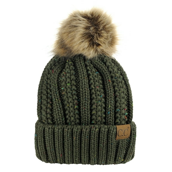 C.C Thick Cable Knit Faux Fuzzy Fur Pom Fleece Lined Skull Cap Cuff Beanie, Confetti Dark Olive