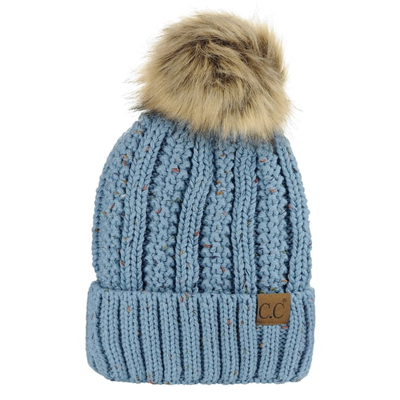 C.C Thick Cable Knit Faux Fuzzy Fur Pom Fleece Lined Skull Cap Cuff Beanie, Confetti Denim