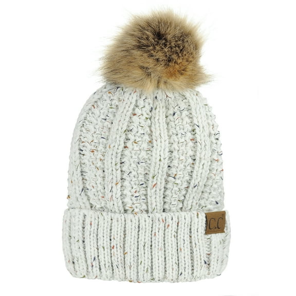 C.C Thick Cable Knit Faux Fuzzy Fur Pom Fleece Lined Skull Cap Cuff Beanie, Confetti Ivory