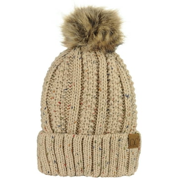 C.C Thick Cable Knit Faux Fuzzy Fur Pom Fleece Lined Skull Cap Cuff Beanie, Confetti Latte