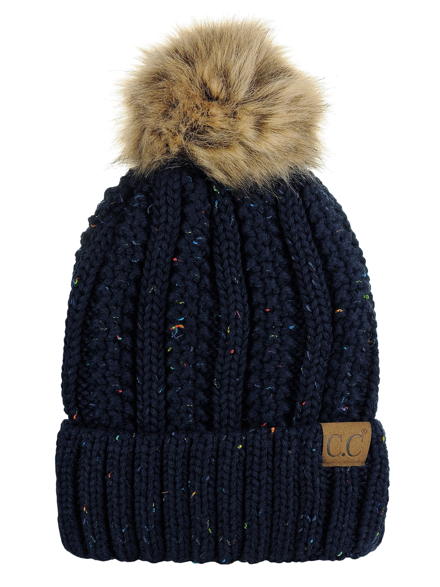 ?C.C  Faux Fuzzy Fur Women Black Thick Cable Knit Pom Fleece Cuff Beanie Cap C.C Thick Cable Knit Hat with Faux Fuzzy Fur Pom, Fleece  main image 2