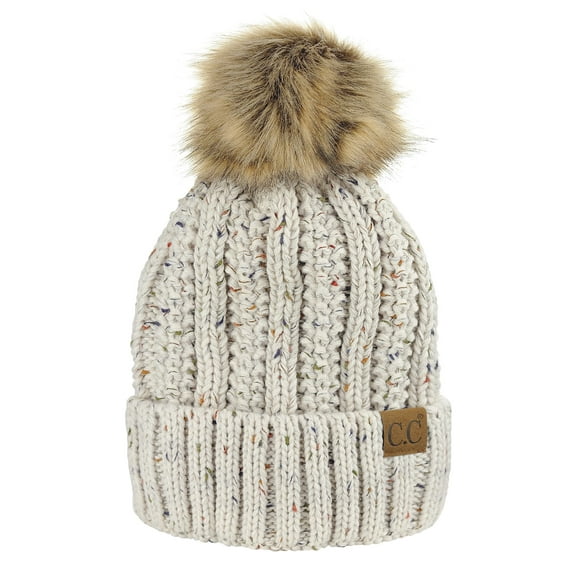 C.C Thick Cable Knit Faux Fuzzy Fur Pom Fleece Lined Skull Cap Cuff Beanie, Confetti Oatmeal