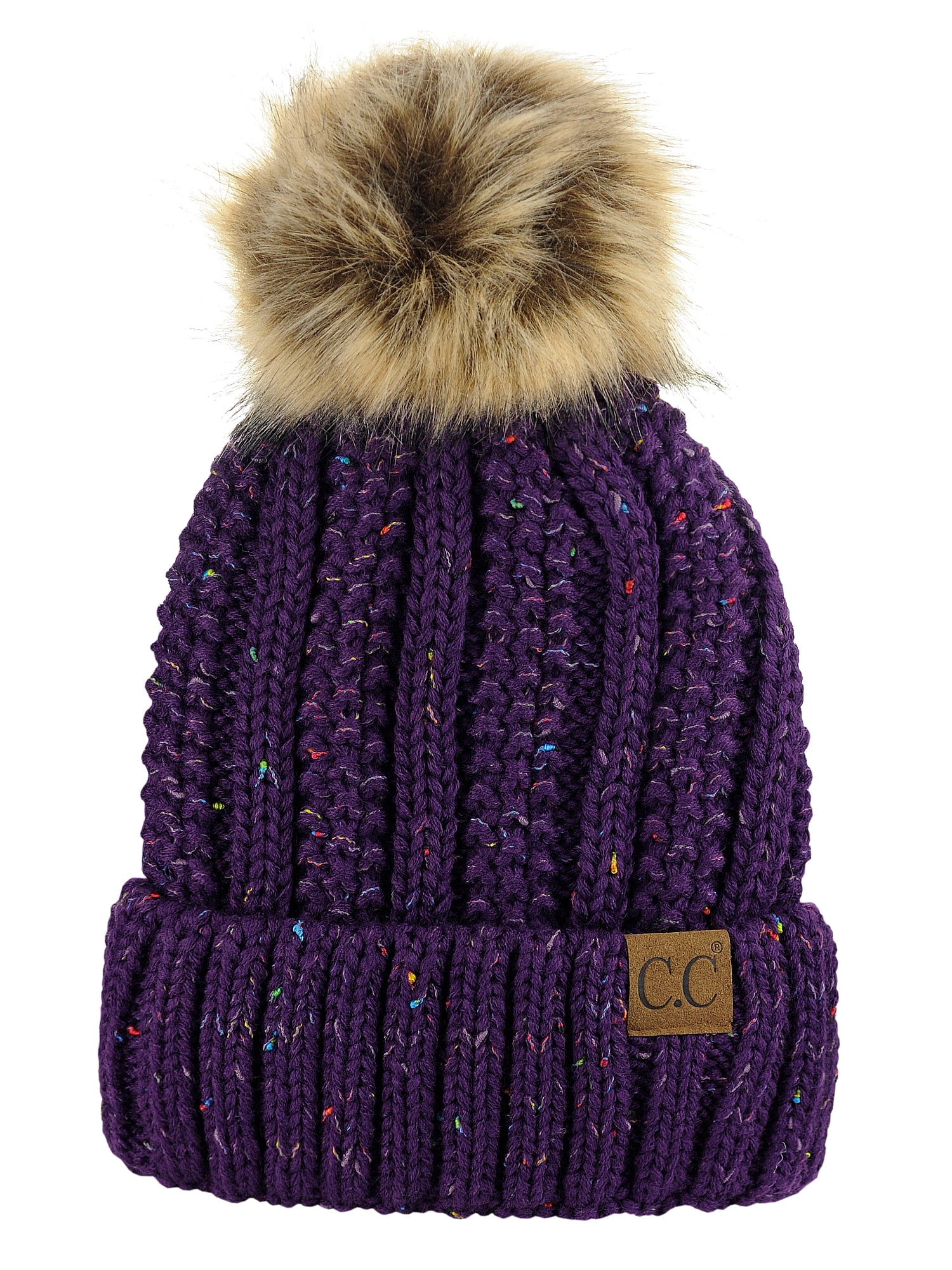 C.C Thick Cable Knit Hat with Faux Fuzzy Fur Pom, Fleece 
