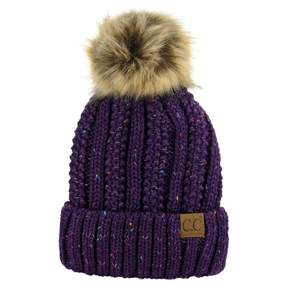 C.C Thick Cable Knit Faux Fuzzy Fur Pom Fleece Lined Skull Cap Cuff Beanie, Confetti Purple