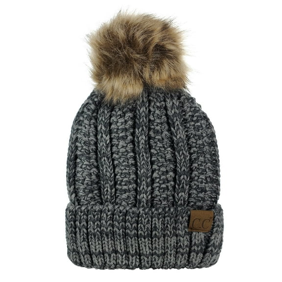 C.C Thick Cable Knit Faux Fuzzy Fur Pom Fleece Lined Skull Cap Cuff Beanie, Dark Gray/Light Gray Mix